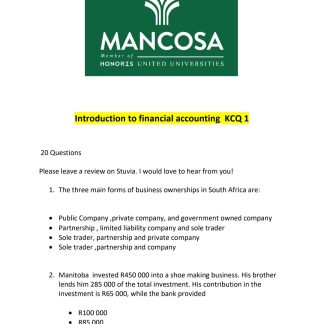 Mancosa Introduction to financial Accounting KCQ 1