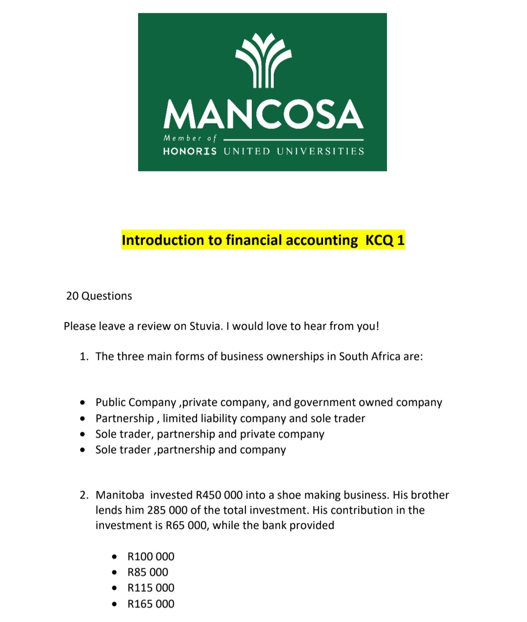 Mancosa Introduction to financial Accounting KCQ 1