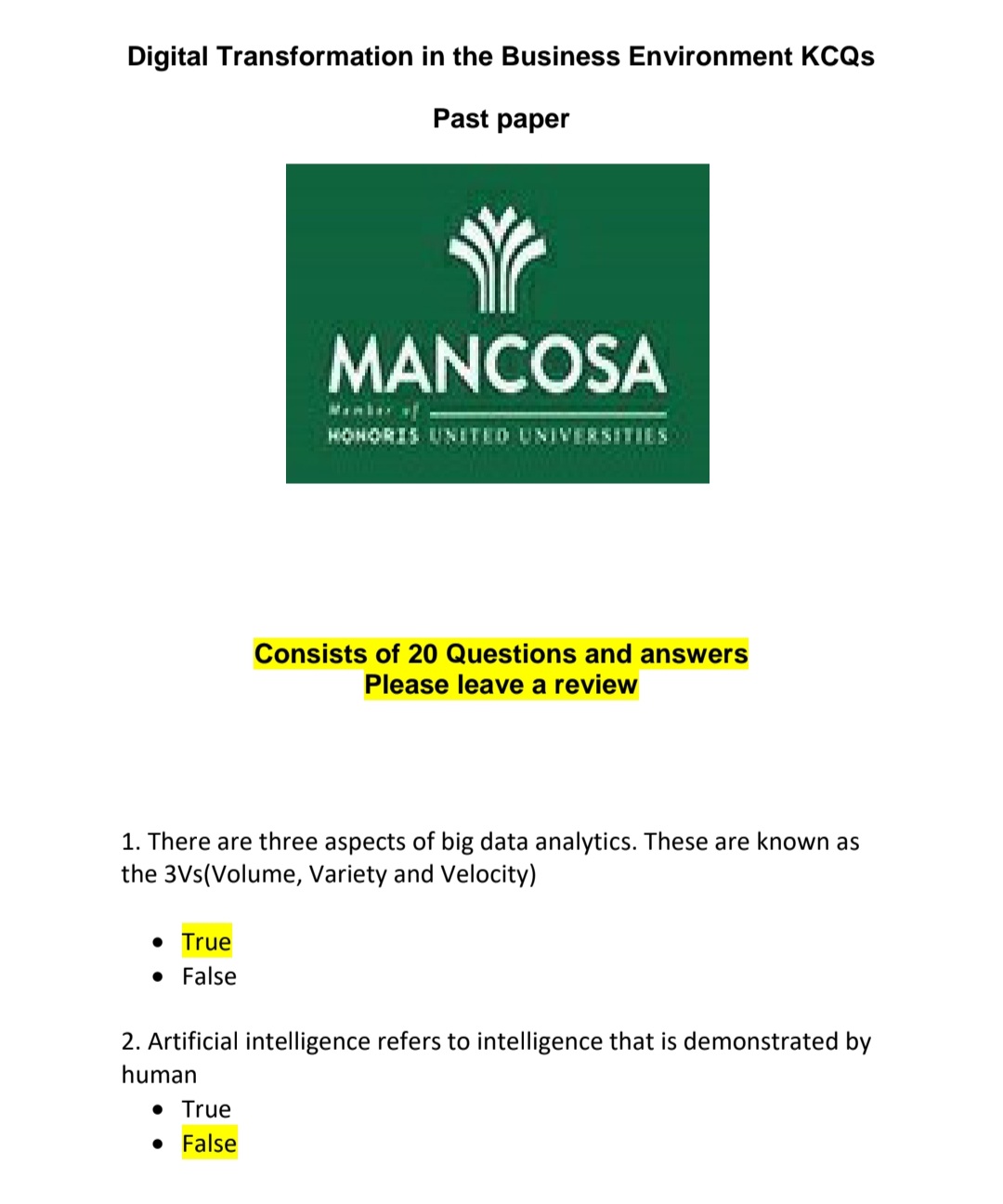 Mancosa Digital Transformation in the Business Environment KCQs