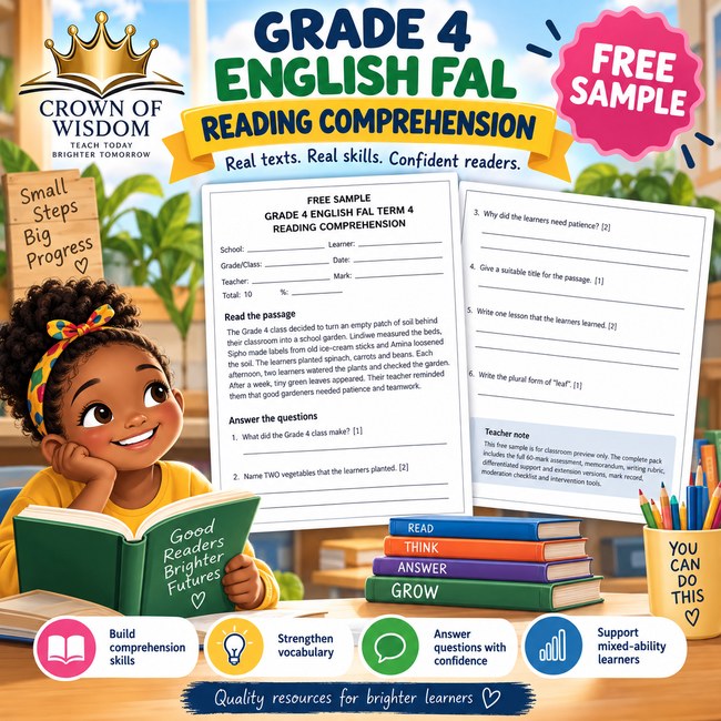 "Grade 4 English Reading Comprehension Worksheet - Free." A practical worksheet with a short engaging passage and questions to build comprehension, vocabulary, sequencing, and main idea skills. Perfect for Grade 4 English FAL. Printable and