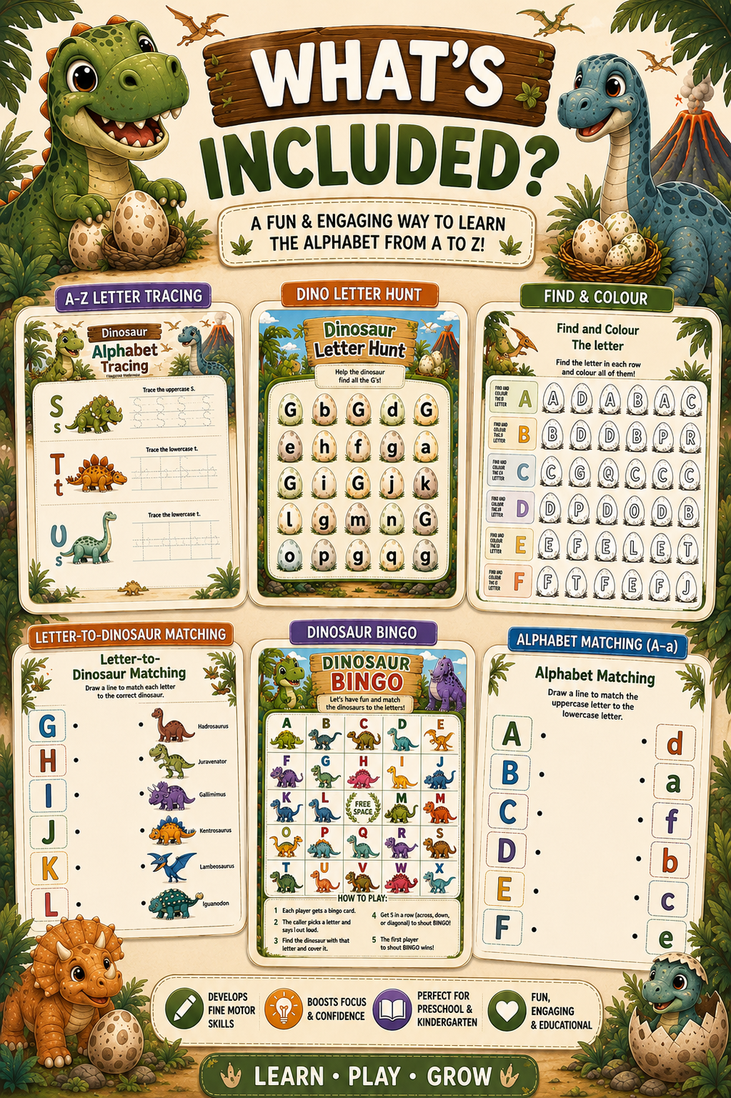 Dinosaur A–Z Activity Book | Alphabet Learning Activities for Kids - Image 2