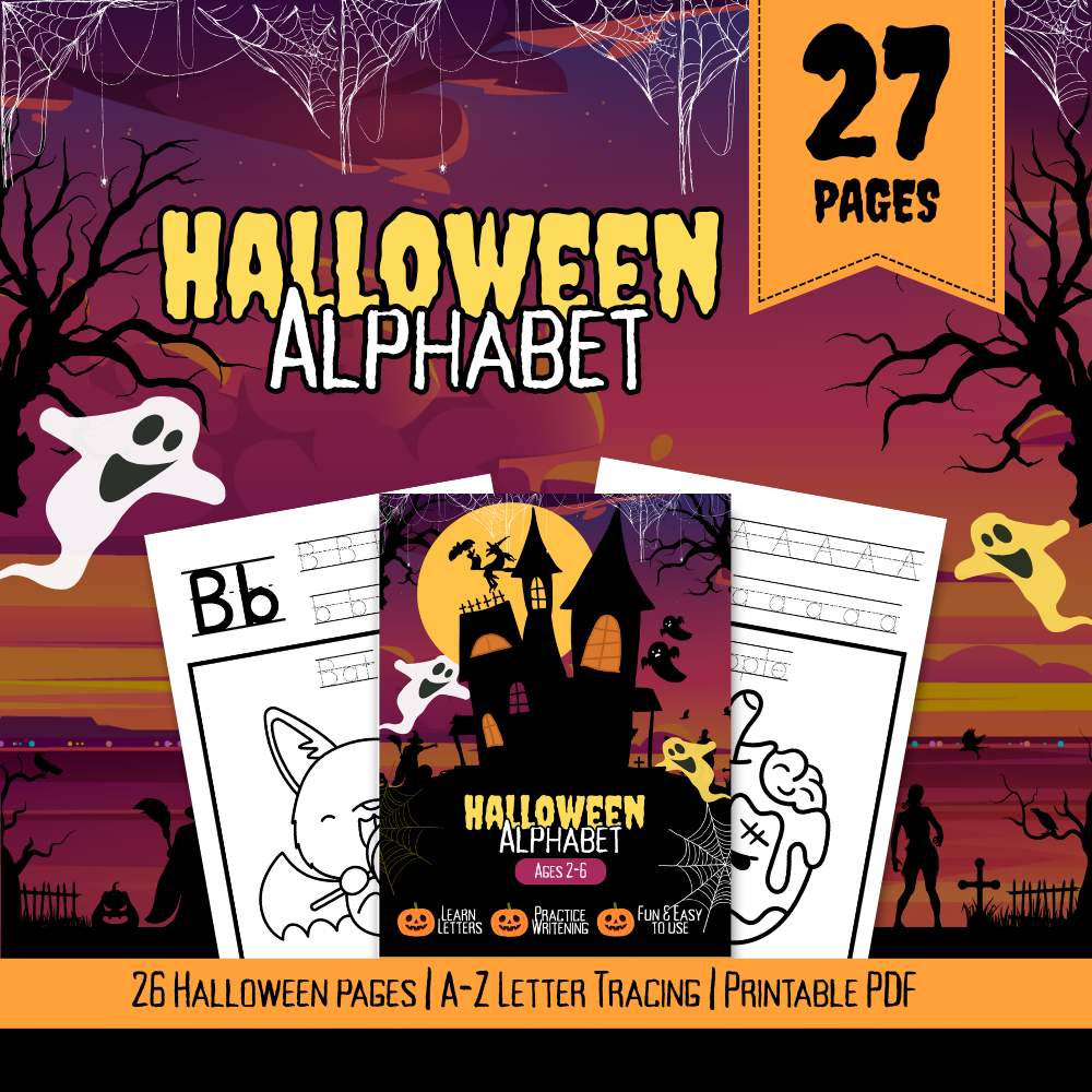 Halloween Alphabet Coloring & Word Tracing Worksheets | A-Z | Preschool & Kindergarten | Ages 2-6