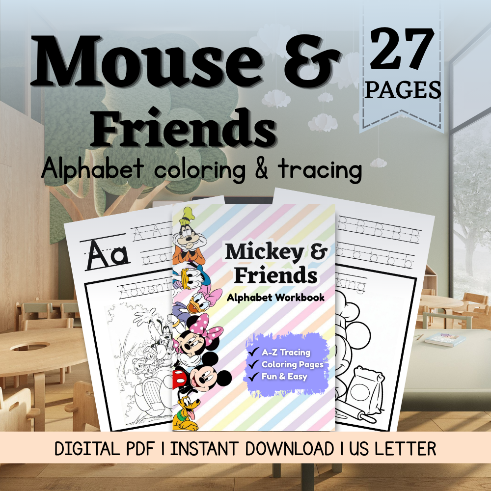 Mouse & Friends Alphabet Tracing & Coloring Worksheets | A-Z | Preschool & Kindergarten