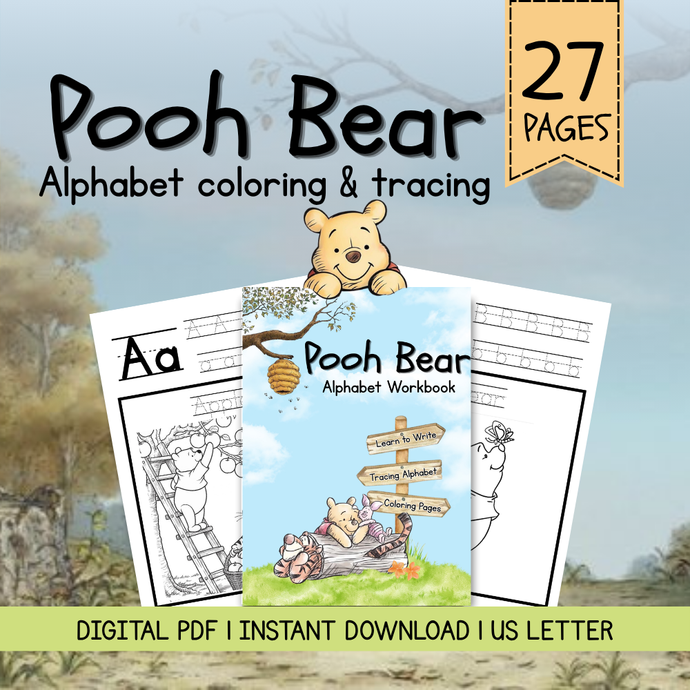 Pooh Bear Alphabet Tracing & Coloring Worksheets | A-Z | Preschool & Kindergarten