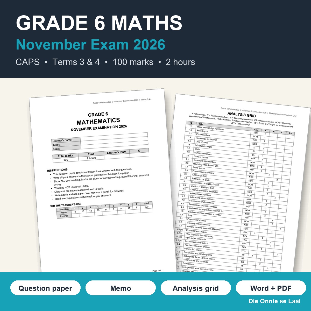 Grade 6 Mathematics November Exam 2026 + Memo + Analysis Grid (CAPS, Terms 3 & 4)