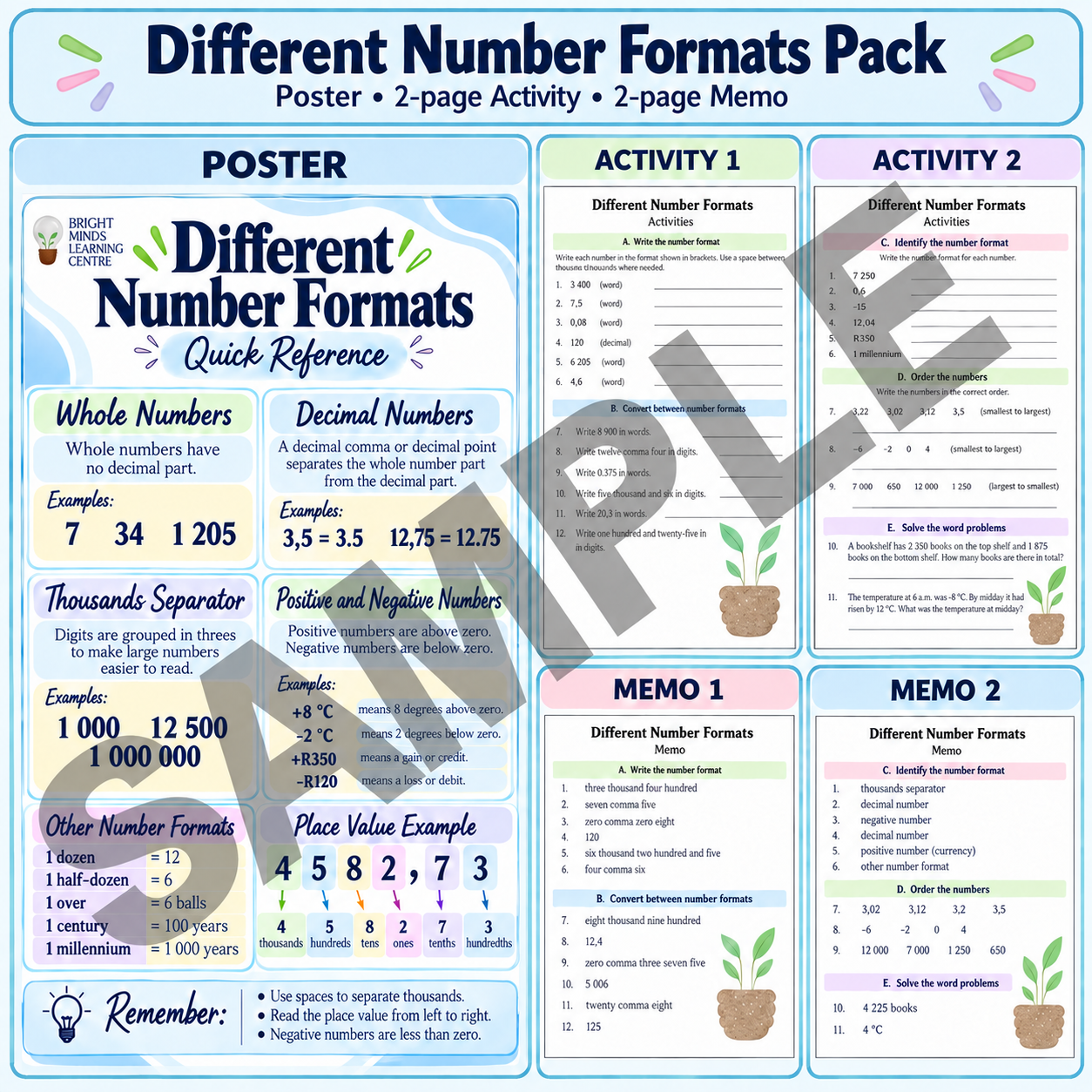 Number Formats Reference Guide with Activities & Memos as PDF & Editable Word Documents